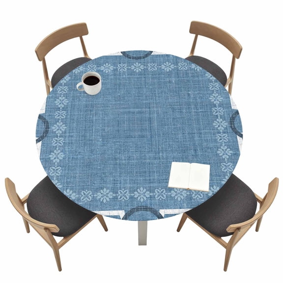 Denim Blue Farmhouse Round Fitted Table Cover Linen Texture Geometric Lines Floral Waterproof Table Cloth with Elastic Edge Wipeable Tablecloth for Picnic Camping Party Fits 36"-44" Tables