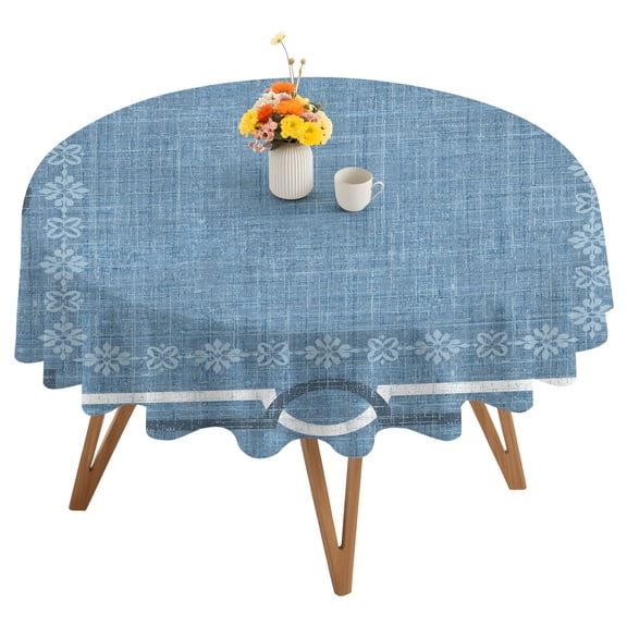 Denim Blue Farmhouse Round Tablecloth 54 inches Linen Texture Geometric Lines Floral Waterproof Oil-Proof Table Cloth Round Table Cover for Holiday Party Picnic Dinner Decor Indoor and Outdoor Use