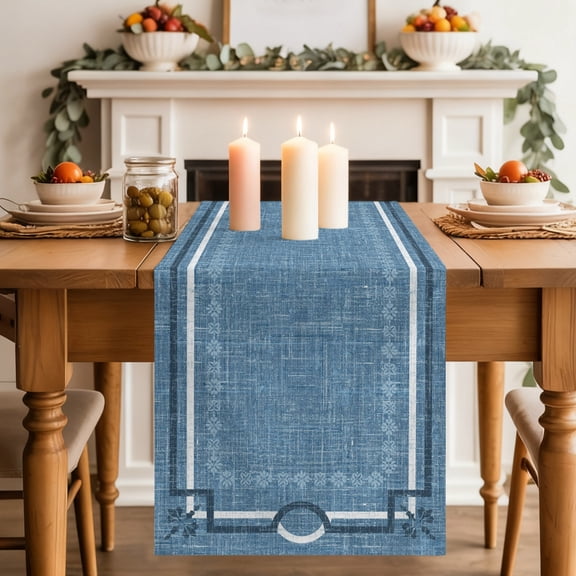 Denim Blue Farmhouse Table Runner 13x48 Inch Linen Texture Geometric Lines Floral Cotton Linen Dining Table Runner Ideal for Dresser Kitchen Coffee Tables - Machine Washable