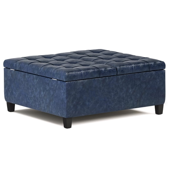 Denim Blue Faux Leather Storage Ottoman Coffee Table with Lift Top and Hidden Compartment