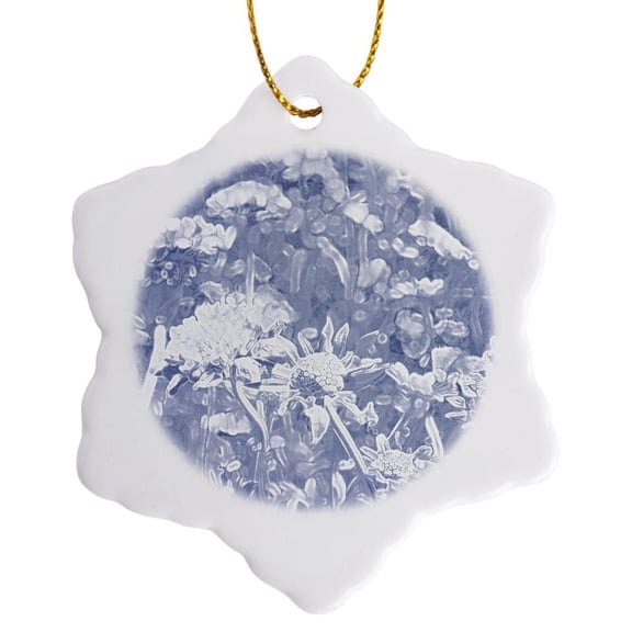 3drose, Denim Blue Floral Expression Art, 3 inch Snowflake Porcelain Ornament