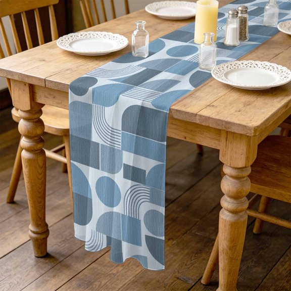 Denim Blue Grid Blocks 4.5ft Cheesecloth Table Runner for Wedding 19"x55", Boho Abstract Minimalist Geometric Linen Texture Kitchen Dinner Sheer Tulle Chiffon Dresser Scarf, Holiday Party Decorations
