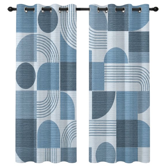Denim Blue Grid Blocks Blackout Curtains 96 Inches Long, Boho Abstract Minimalist Geometric Linen Texture Thermal Insulated Room Darkening Drapes with Grommets for Living Room 52"W x 96"L, 2 Panels