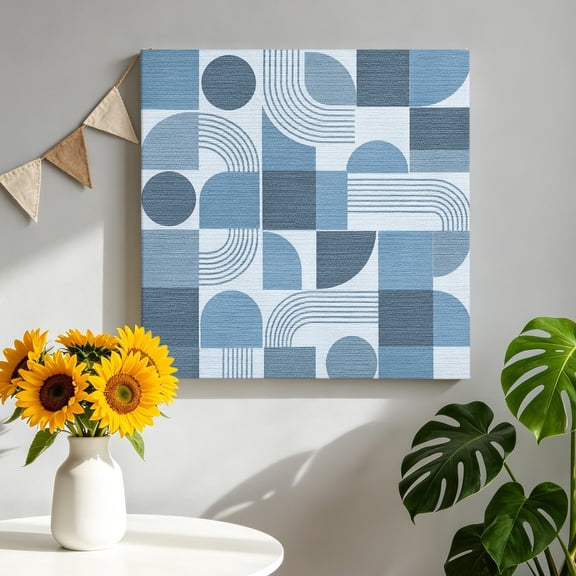 Denim Blue Grid Blocks Canvas Wall Art, Boho Abstract Minimalist Geometric Linen Texture Framed Canvas Wall Decor Picture Print Artwork Decorations for Living Room Office Ready to Hang 8" x 8"