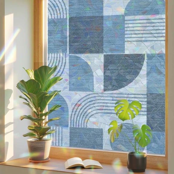 Denim Blue Grid Blocks Window Privacy Film, Boho Abstract Minimalist Geometric Linen Texture Stained Glass Rainbow Film Decorative Window Clings, Static Cling Sun Blocking Stickers 17.7" x 39.3"