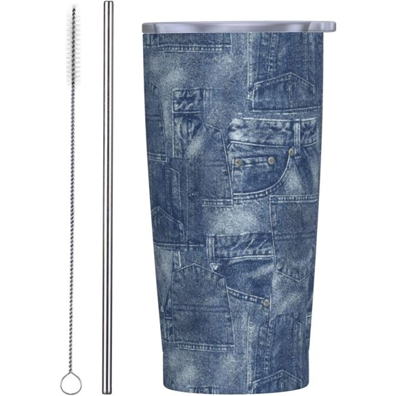 Denim Blue Jeans Style Tumbler with Straw, Denim Print 20oz Stainless Steel Vacuum Insulated Coffee Cup Travel Mug, Leakproof Lid, Souvenir for Women Men (Halloween, Birthday, Christmas)