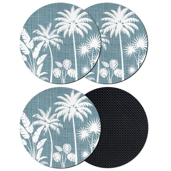 Denim Blue Palm Trees Coasters Set of 4, Absorbent Coasters for Drinks, Tropical Retro Summer Botanical Coaster for Desk Coffee Table Protection, Home Decor House Warming Gifts 4"