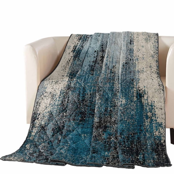Denim Blue Quilted Comforters Cooling Blanket King Size, Cream Blue Ink Bleeding Abstract Splatter Style Shabby Chic Cold Comfort for Hot Sleepers Lightweight Air Conditioning Quilt Blanket for Bed