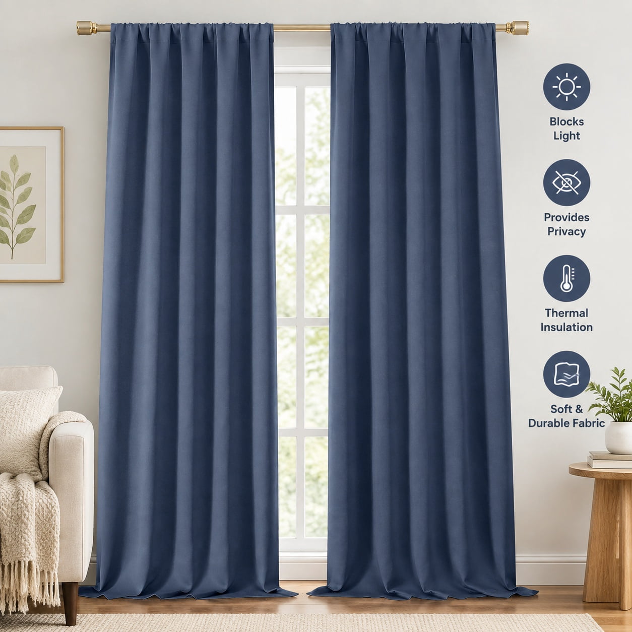 Denim Blue Room Darkening Curtains 96 Inches Long 2 Panels, Solid