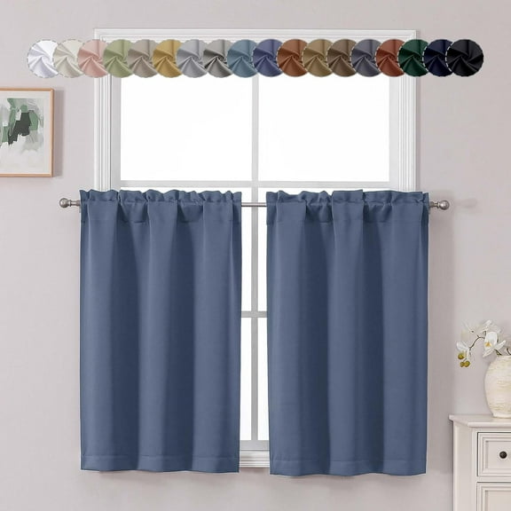 Denim Blue Short Blackout Curtains 36 Inch Length, Small Kitchen Curtain Tier Rod Pocket Half Window Curtains for Bathroom Basement Cabinet Camper RV Bunk, 2 PCS, Each 30" Wx36 L