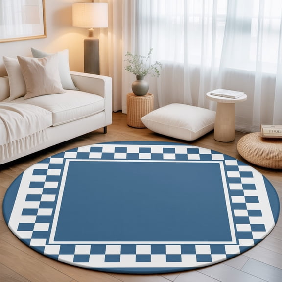 Denim Blue Square 7' Round Rug for Living Room Conversation Area, Graphic Retro Blue White Checkered Border Washable Non Slip Large Circle Area Rug