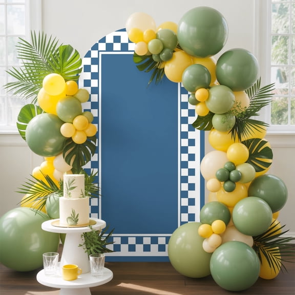 Denim Blue Square Arch Backdrop Cover 4 FT, Graphic Retro Blue White Checkered Border Wedding Arch Cover Stretchy Backdrop Stands Covers for Birthday Party Ceremony Banquet Decor