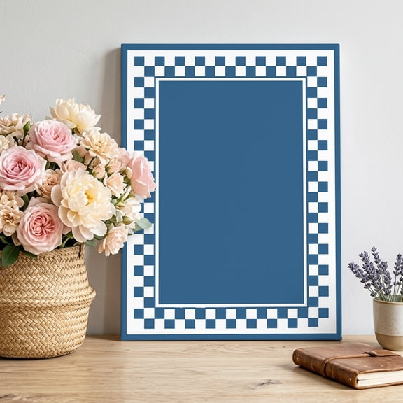 Denim Blue Square Canvas Wall Art, Graphic Retro Blue White Checkered Border Pictures Wall Decor Wooden Framed Artwork Art Prints for Living Room Hallway Bedroom Office 20"x30"