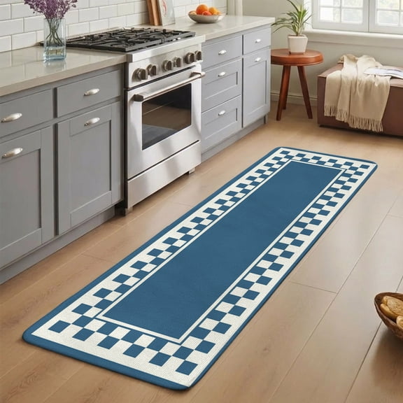Denim Blue Square Washable Runner Rug 3X7 ft Graphic Retro Blue White Checkered Border Non-Slip Hallway Runner Rug, Linen Kitchen Runner Mats, Indoor Floor Carpet for Entryway Bathroom Living Room