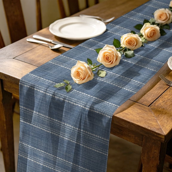 Denim Blue Striped 4.5 ft Cheesecloth Table Runner for Wedding 19"x55", Coastal Grandma Farmhouse Rustic Linen Texture Kitchen Dinner Sheer Tulle Chiffon Dresser Scarf, Holiday Party Decorations