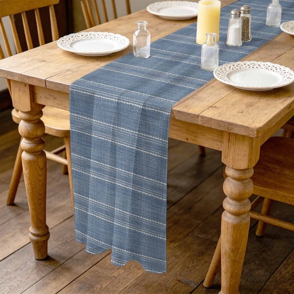 Denim Blue Striped 4.5ft Cheesecloth Table Runner for Wedding 19"x55", Coastal Grandma Farmhouse Rustic Linen Texture Kitchen Dinner Sheer Tulle Chiffon Dresser Scarf, Holiday Party Decorations