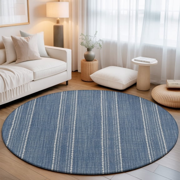 Denim Blue Striped 7' Round Rugs for Living Room Conversation Area, Coastal Grandma Farmhouse Rustic Linen Texture Washable Non Slip Large Circle Area Rug Under Dining Table