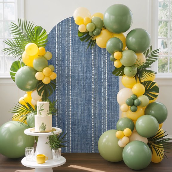 Denim Blue Striped Arch Backdrop Cover, 4FT, Coastal Grandma Farmhouse Rustic Linen Texture Spandex Arch Covers Double-Sided Backdrop for Wedding Birthday Party Photo Background Decoration