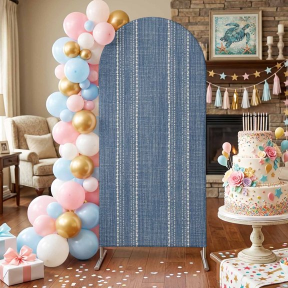 Denim Blue Striped Arch Backdrop Covers 4 FT, Coastal Grandma Farmhouse Rustic Linen Texture Stretchy Fitted Arched Stand Covers Party Arch Stand Cover Photo Booth for Wedding Birthday Decor
