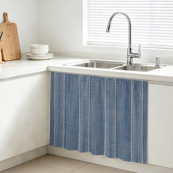 Denim Blue Striped Cabinet Curtains for Kitchen 10"W x 11"L, Coastal Grandma Farmhouse Rustic Linen Texture Under Sink Skirt Magic Tape Short Curtain Decorative Privacy Panel for Bathroom Laundry