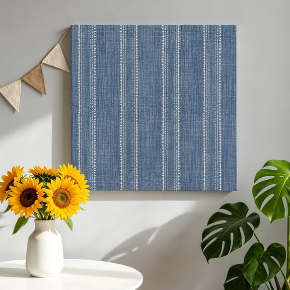 Denim Blue Striped Canvas Wall Art, Coastal Grandma Farmhouse Rustic Linen Texture Pictures Wall Decor Wooden Framed Artwork Art Prints for Living Room Hallway Bedroom Office 8"x8"