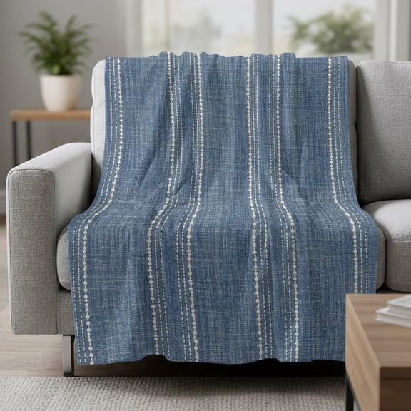 Denim Blue Striped Fleece Blanket, Coastal Grandma Farmhouse Rustic Linen Texture Ultra Soft Warm Throw Blanket Lightweight Plush Bed Blanket, Home Decor Throws for Couch Bed Sofa, 30x40 inches