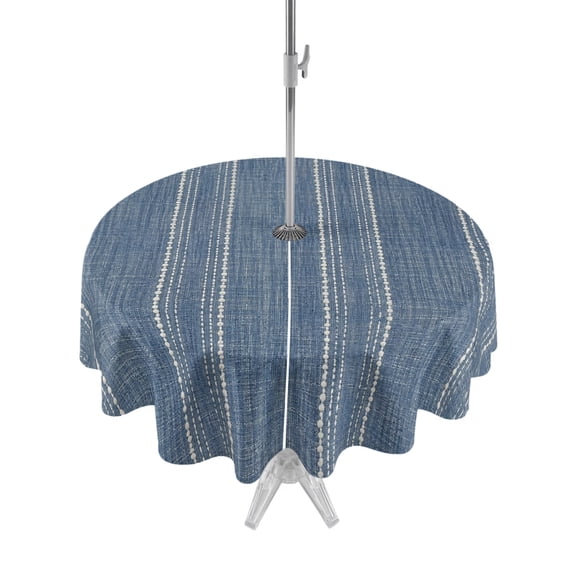 Denim Blue Striped Outdoor Round Tablecloth with Umbrella Hole 60", Coastal Grandma Farmhouse Rustic Linen Texture Waterproof Zippered Table Cloth Wrinkle Free Wipeable Desk Covers for Patio Party