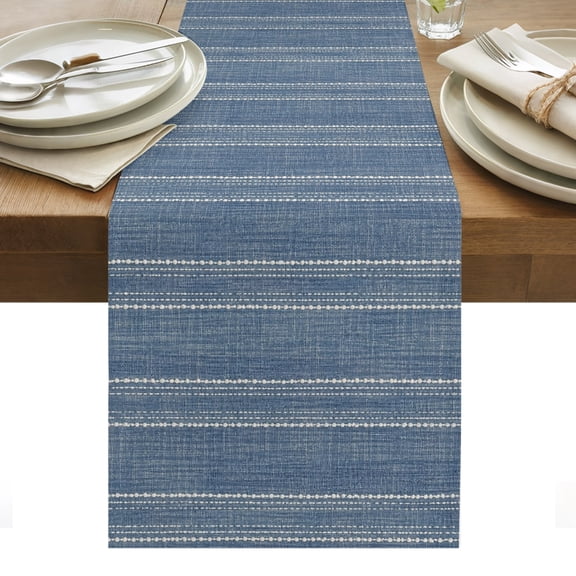 Denim Blue Striped Table Runner, Coastal Grandma Farmhouse Rustic Linen Texture Washable Kitchen Table Runners Dress Scarves for Dining Table Decorations Party/Restaurant/Indoor Outdoor Use, 13x36in