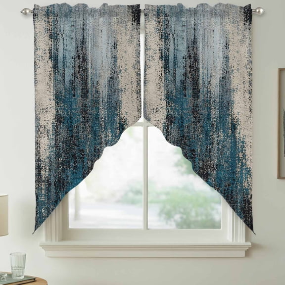 Denim Blue Swag Kitchen Curtain Valances, Cream Blue Ink Bleeding Abstract Splatter Style Shabby Chic Rod Pocket Curtains Window Treatment Decor Valances for Bedroom Bathroom, 2 Panels 36 x 36 Inch