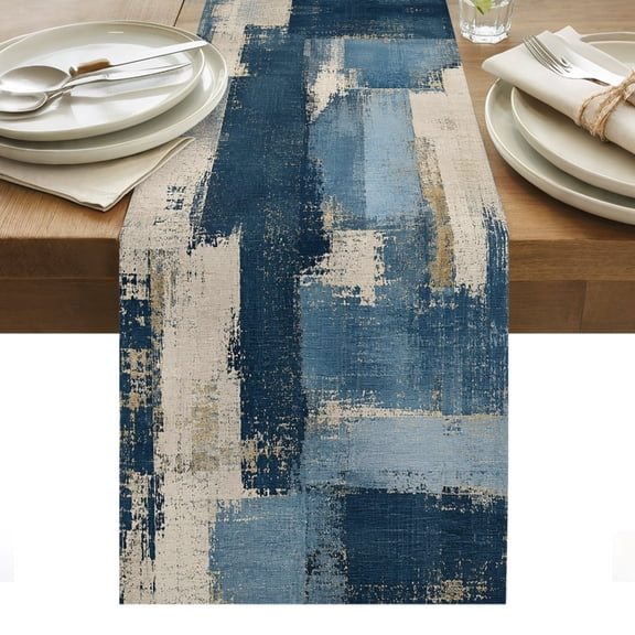 Denim Blue Table Runner, Cream Blue Color Block Patchwork Abstract Splatter Style Washable Kitchen Table Runners for Dining Table Decorations Party/Restaurant/Indoor Outdoor Use, 13x36in