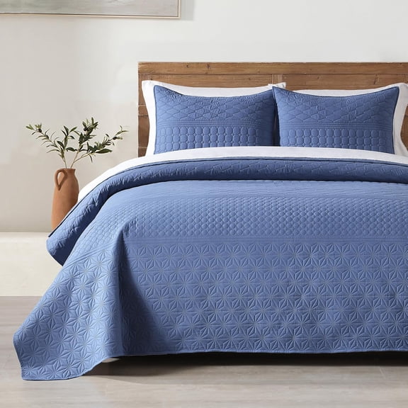 Denim Blue Twin Size Quilt Set - Soft Microfiber Bedspread with 1 Sham, Lightweight All-Season Geometric Coverlet for Cozy Bedding