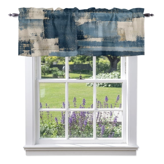Denim Blue Valance Curtain 1 Panel, Cream Blue Color Block Patchwork Abstract Splatter Style Kitchen Valance with Rod Pocket Window Treatment Short Curtains for Bathroom Bedroom, 42 x 12 Inches