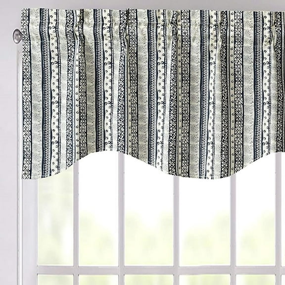 Denim Blue Window Curtain - Semi Sheer Valance Floral Botanical Striped Scalloped Tailored Edge Kitchen - 18" x 52"