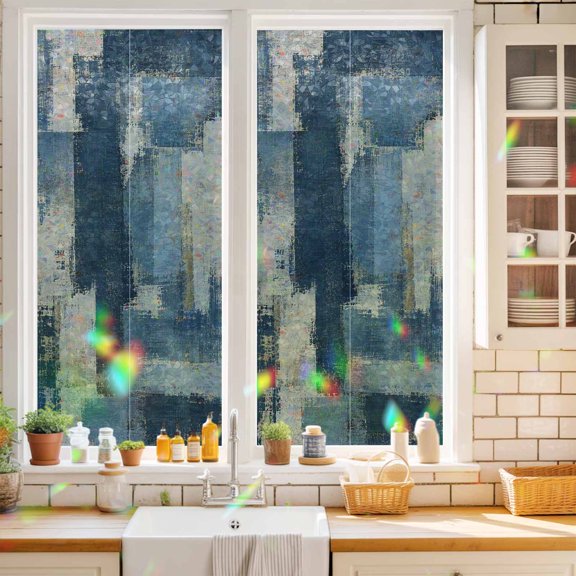 Denim Blue Window Privacy Film Cream Blue Color Block Patchwork Abstract Splatter Style Static Cling Stained Glass Window Film Non-Adhesive Decorative Decals Rainbow Sticker 17.7"X39.3"