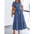 thumbnail image 1 of Denim Blue Womens Short Sleeve Shirt Dress With Belted Waist And Tiered Skirt, 1 of 6