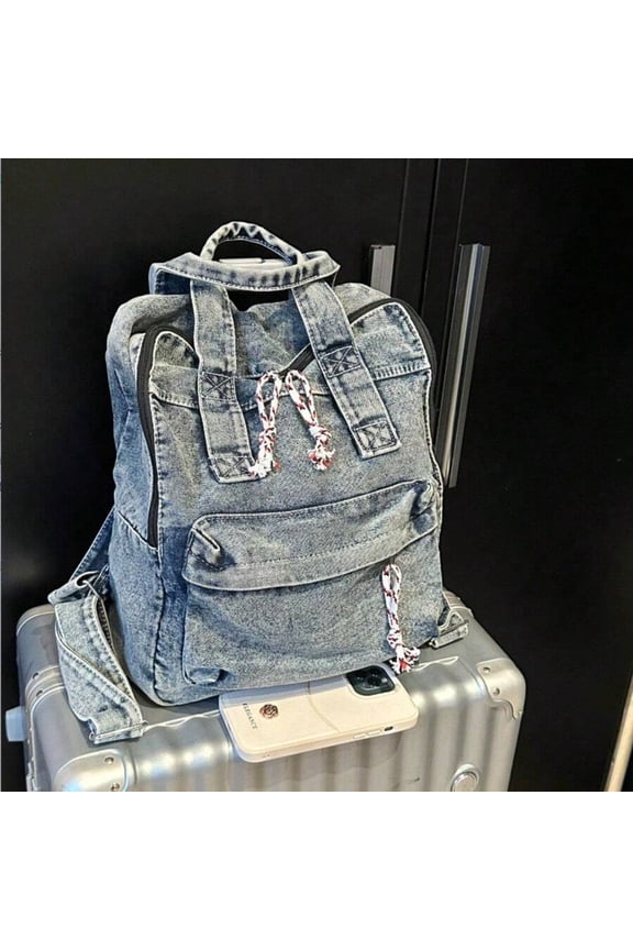 Denim Blue and White Backpack With Rope Detail, Casual Fashion Day Pack