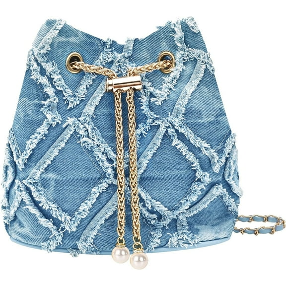 Denim Bucket Bag Quilted Drawstring Jean Purses for Women Denim Clutch Hobo Bags Crossbody Handbag