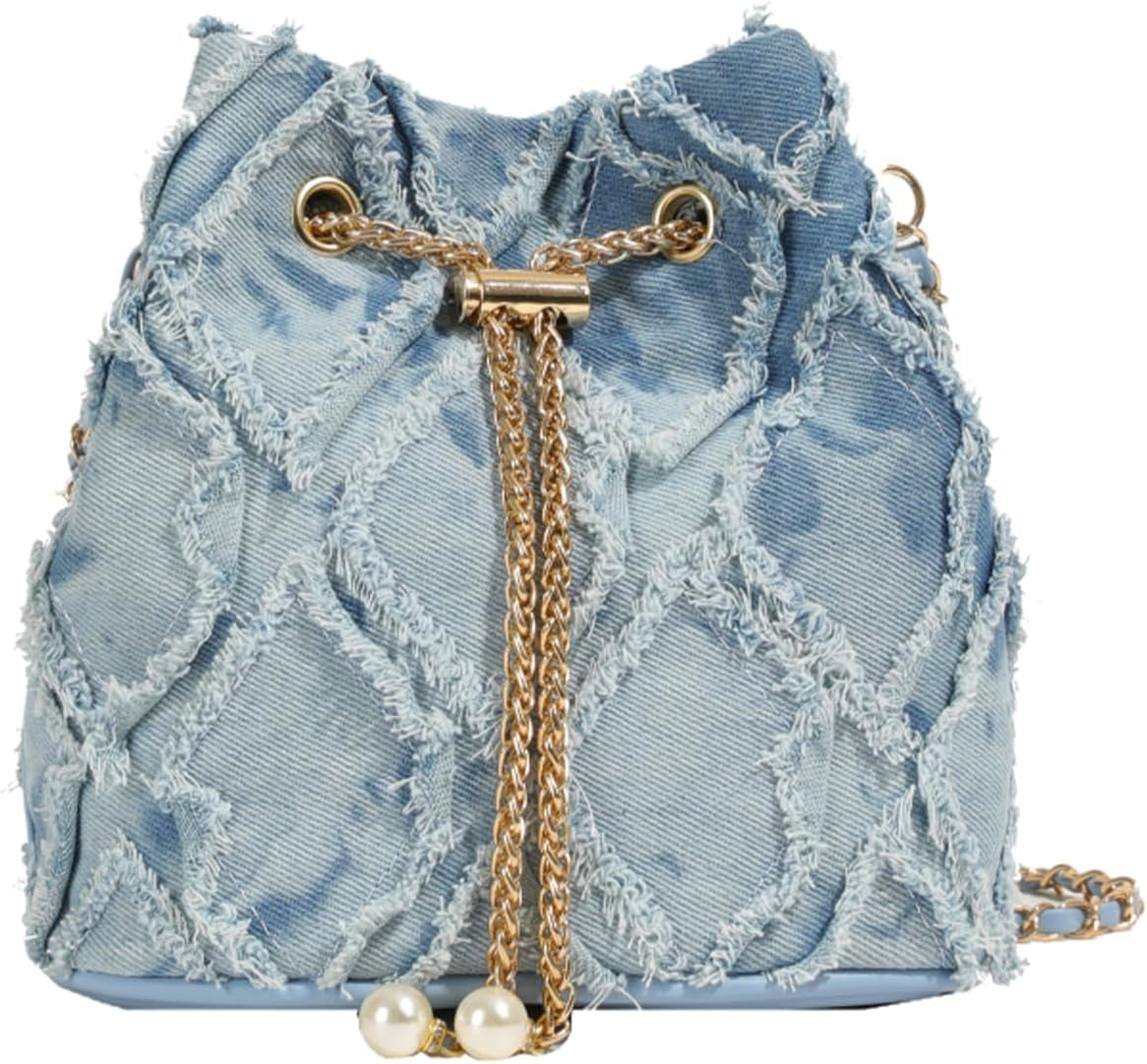 Denim Bucket Bag Quilted Drawstring Jean Purses for Women Denim Clutch Hobo Bags Crossbody Handbag