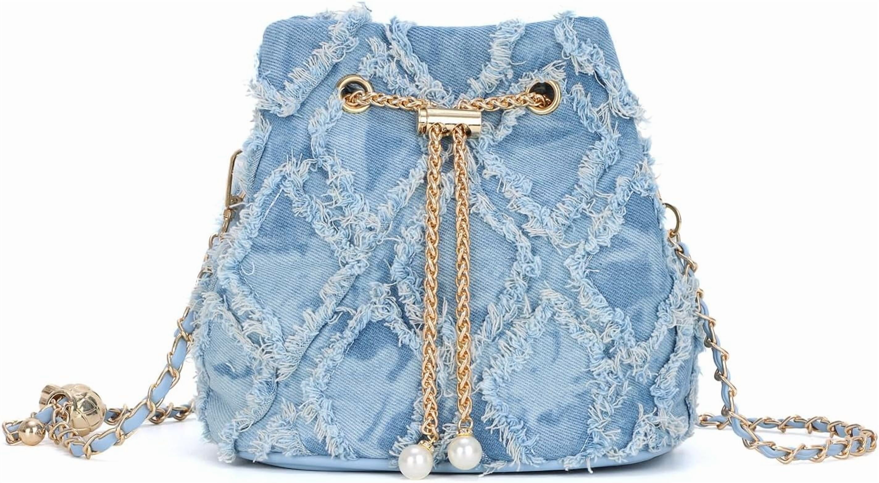 Denim Bucket Bag for Women Trendy Jean Purse Drawstring Crossbody Shoulder Bag Hobo Bag