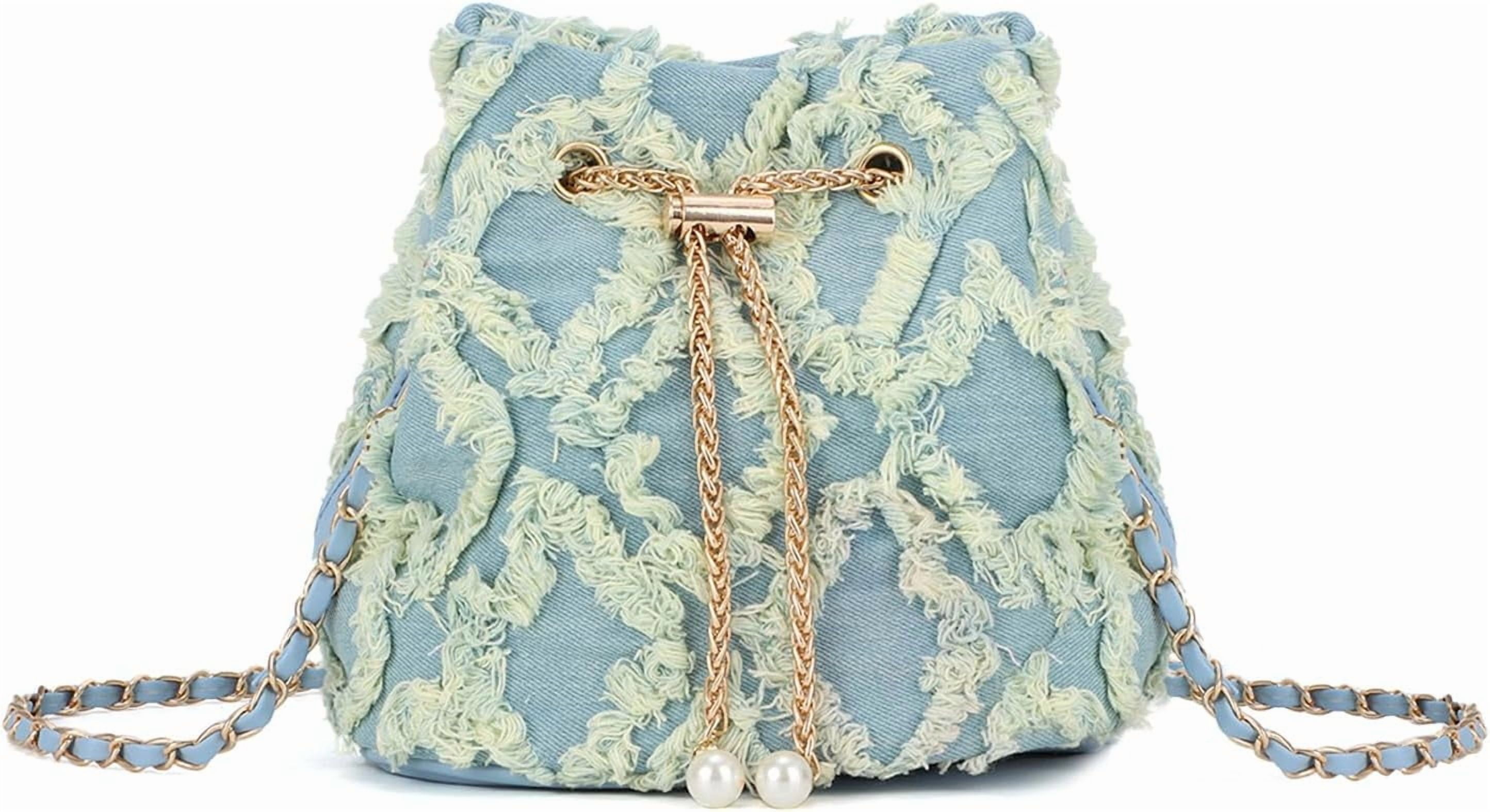 Denim Bucket Bag for Women Trendy Jean Purse Drawstring Crossbody Shoulder Bag Hobo Bag
