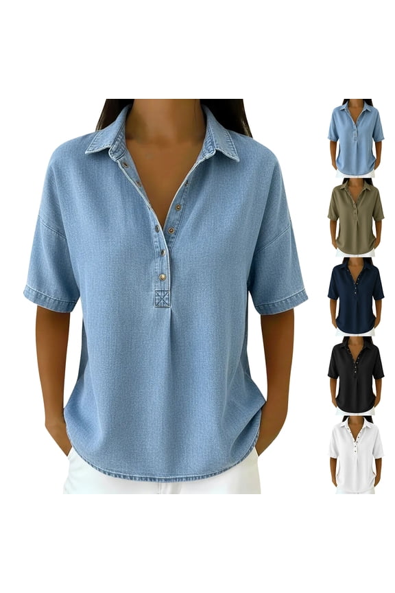 Denim Button Down Shirt Women Short Sleeve Denim Shirt Half Button Lightweight Chambray Shirt Women