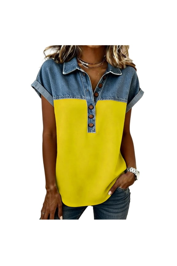 Denim Button Patchwork Shirt for Women Cap Sleeve Work Tops Lightweight Breathable Soft Casual Blouse