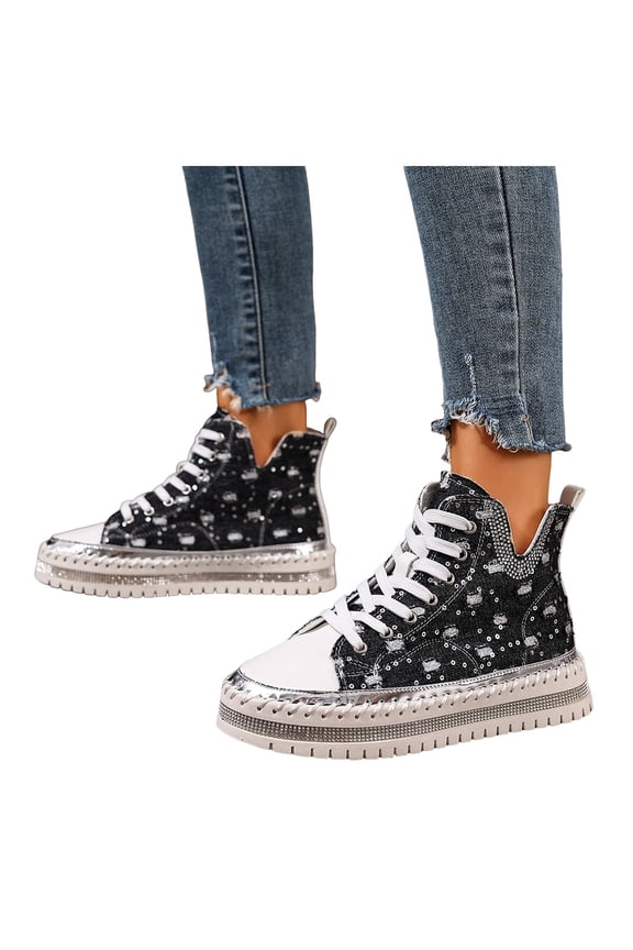 Denim Canvas Shoes for Women Platform Glitter Rhinestone Lace up High Top Fashion Sneakers Trendy V Cut Casual Flat Shoes Black Size 7.5