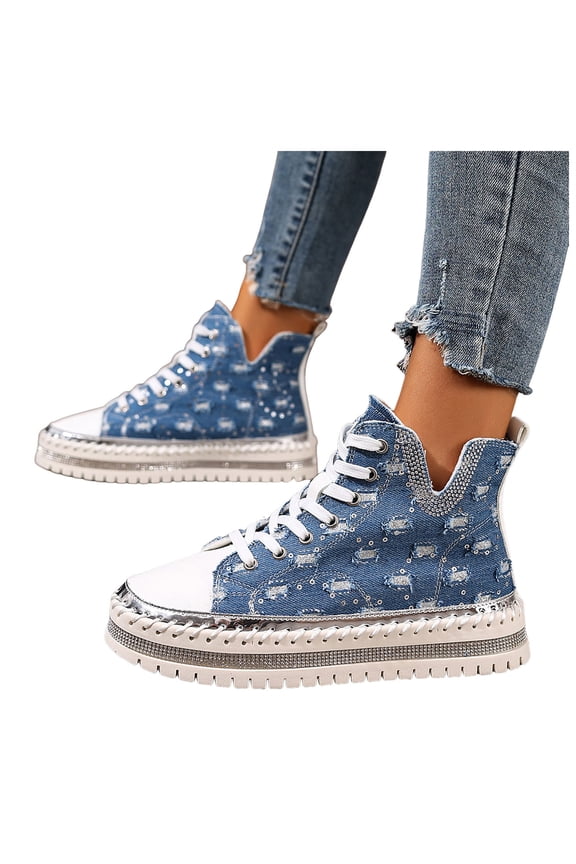 Denim Canvas Shoes for Women Platform Glitter Rhinestone Lace up High Top Fashion Sneakers Trendy V Cut Casual Flat Shoes Blue Size 7