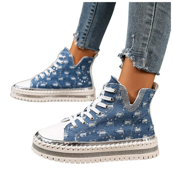 Denim Canvas Shoes for Women Platform Glitter Rhinestone Lace up High Top Fashion Sneakers Trendy V Cut Casual Flat Shoes Blue Size 9