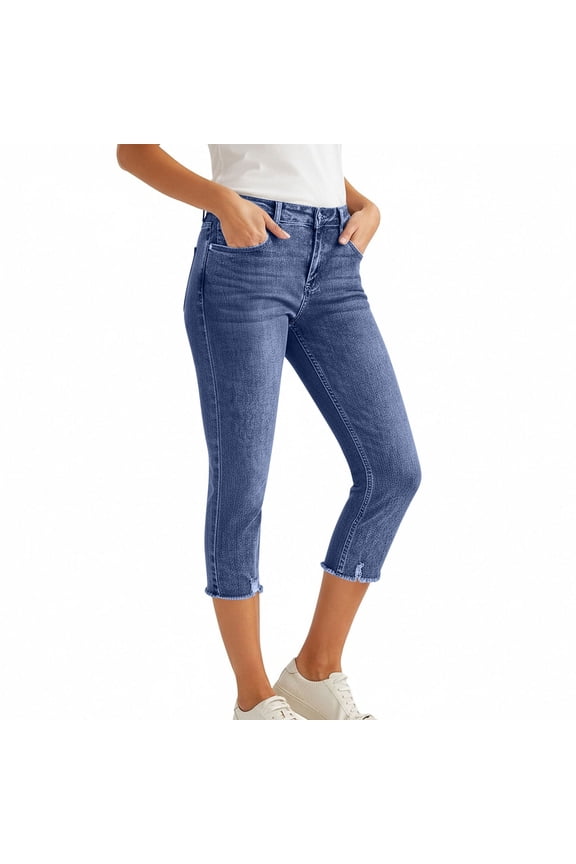Denim Capri Pants for Women 3/4 Trousers for Women Trousers Cut Off Jeans Womens Capri Pants with Pockets Comfy Pull in Pants Women Slim Pants Blue L