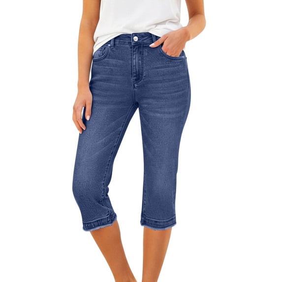 Denim Capris for Women Casual Trendy Tummy Control Mid Rise Stretch Jeans Summer Distressed Curvy Pants with Pockets Blue M