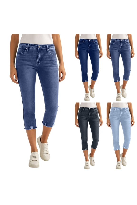 Denim Capris for Women Casual Trendy Tummy Control Mid Rise Stretch Jeans Summer Distressed Curvy Pants with Pockets