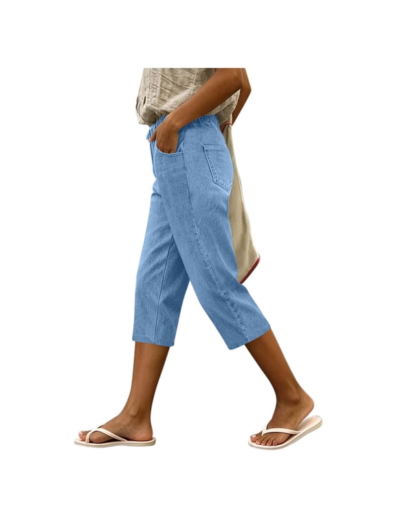 Denim Capris for Women Cotton Pull On Elastic Waist Cropped Jean Pants Strentch Cropped Jean Pants Casual Capri Jeans