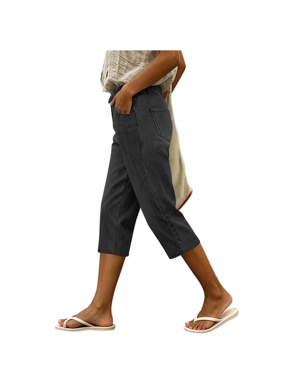 Denim Capris for Women Cotton Pull On Elastic Waist Cropped Jean Pants Strentch Cropped Jean Pants Casual Capri Jeans